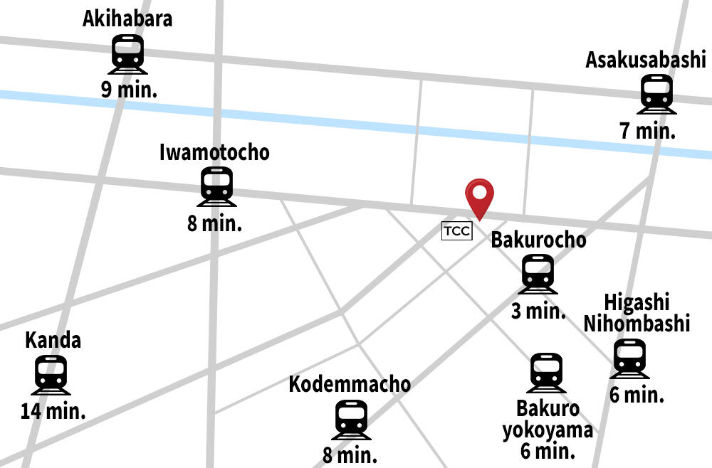 Map that describes the closest station to the coffee shop The Coffee Counter Tokyo